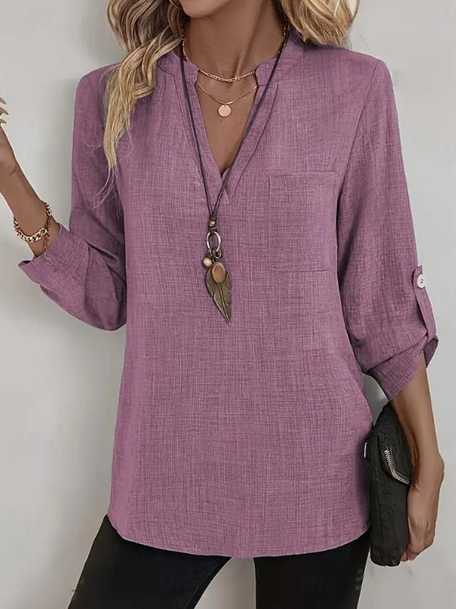 Women's Shirts Solid Color Stylish Casual Long Sleeve V
