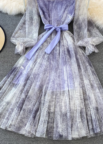 Robe longue violette en tulle à col rond et manches bouffantes AJ1038 