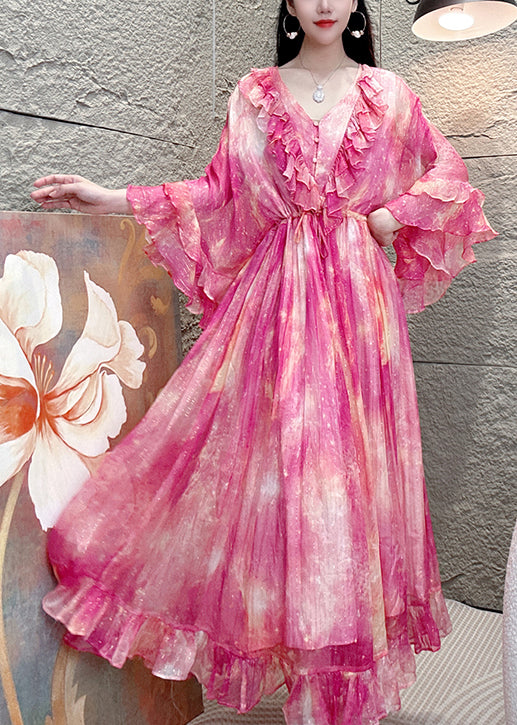 Chic Pink V Neck Ruffled Print Butterfly Sleeve Silk Dress AZ1003