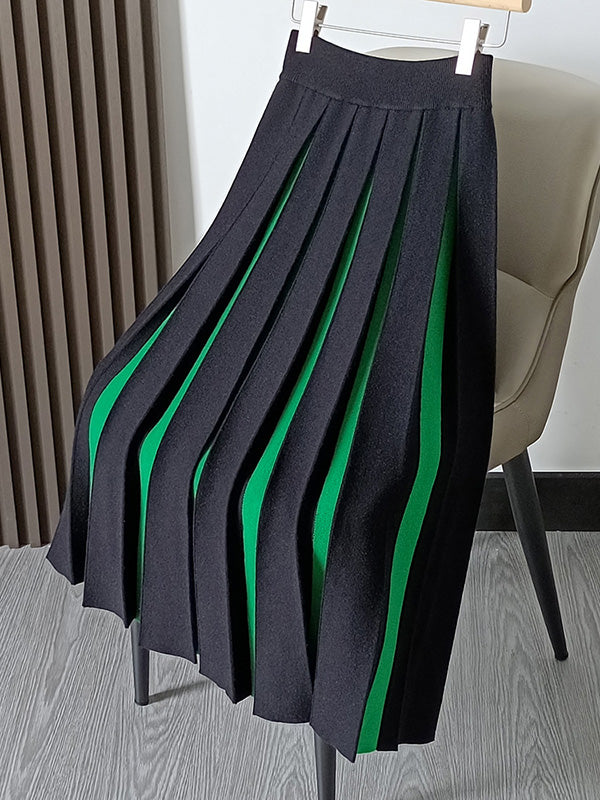 A-line Pleated Retro Skirt Knit Contrast White Color
