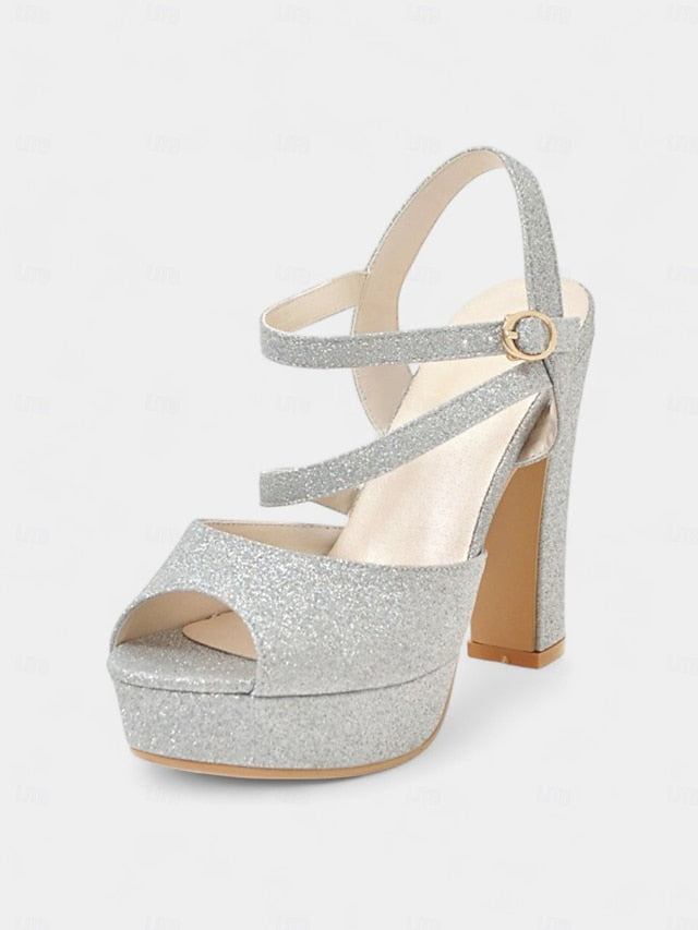 Strap Heel Sandals Platform Ankle High with Glitter Women's