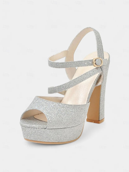 Strap Heel Sandals Platform Ankle High with Glitter Women's