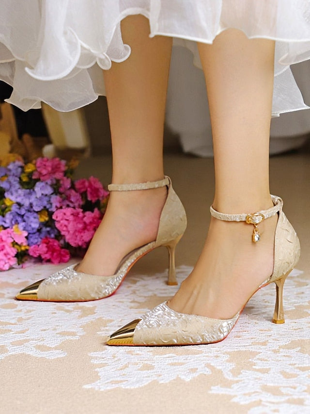 Women's Accents Beige Satin Gold with Toe Pointed Heels and