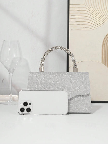 Handle Handbag with Glitter Rhinestone Women's Silver –