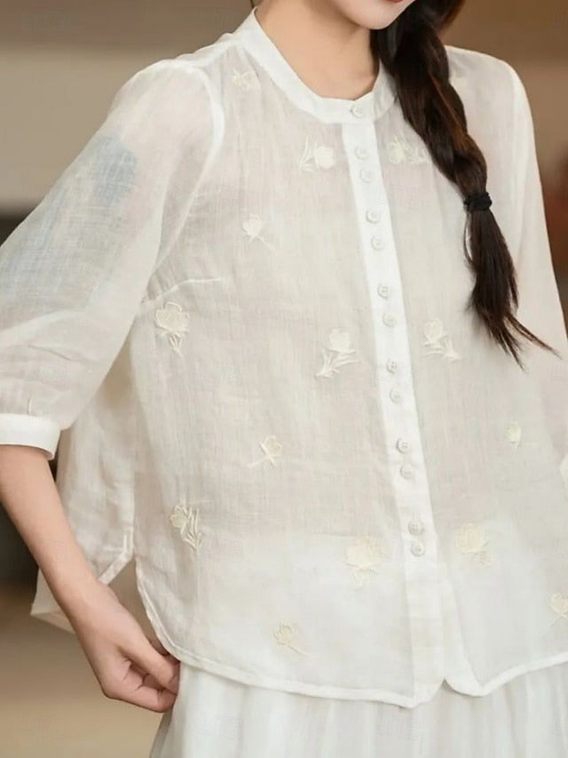 Women's Cotton Linen Shirts Solid Color Daily Basic Casual