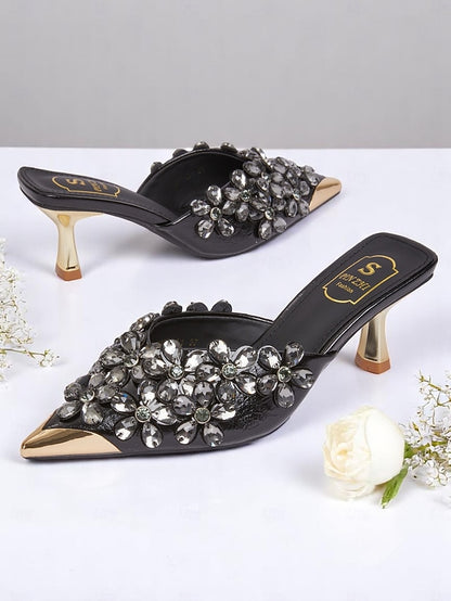 Black – Pointed-Toe Embellished Mules Women's Rhinestone