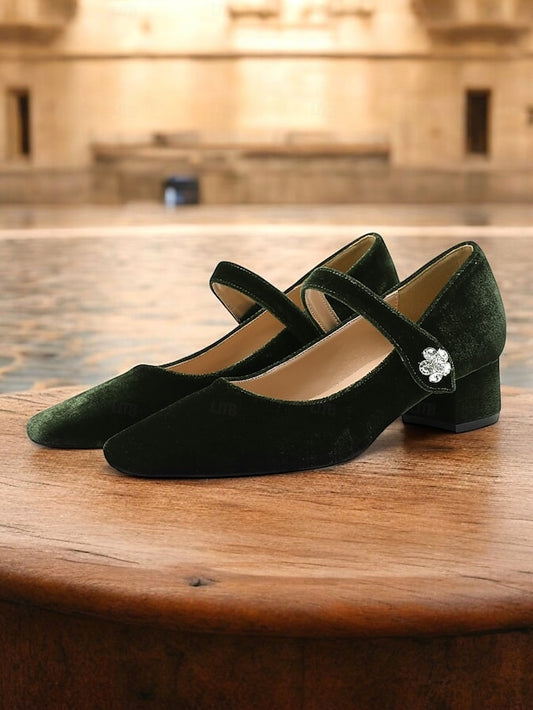 - Velvet Toe Square Green Jane Mary Pumps Block Women's