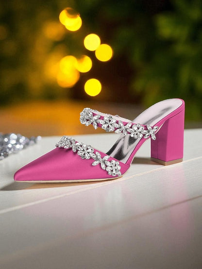 Block Satin Women's Heel Rhinestone Mules with Floral Black
