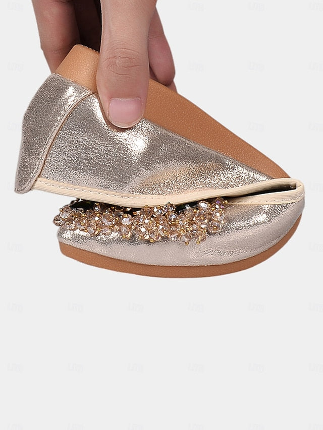 Women's Foldable Rhinestone Ballet Black Flats with