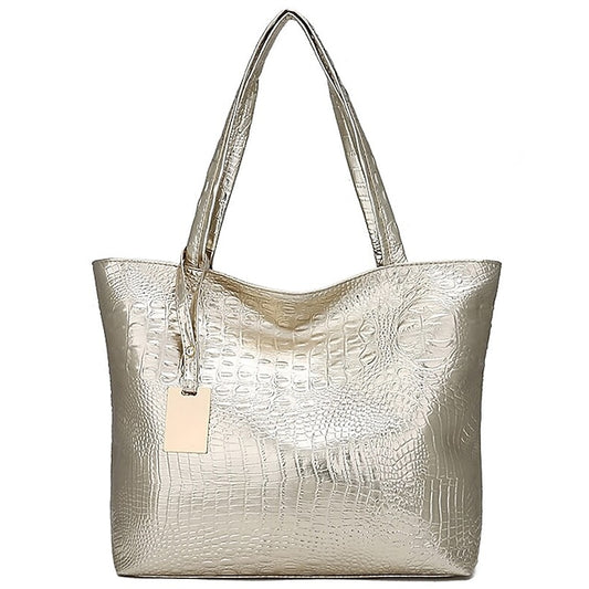Tasche Faux Große Tote Geprägte Damen Kroko Silber | Kapazität