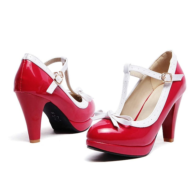 Heels Women's Black with Leather Patent White T-Strap High