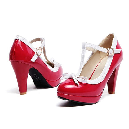 Heels Women's Black with Leather Patent White T-Strap High