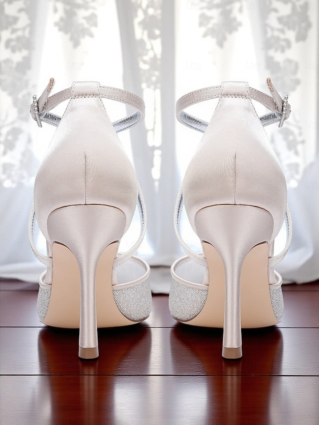 Women's - Ankle Strap Glitter Elegant Silver Stiletto Heels