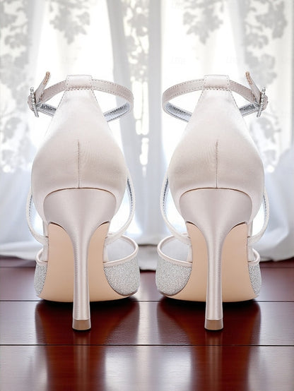 Women's - Ankle Strap Glitter Elegant Silver Stiletto Heels