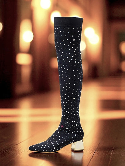 Pointed Black Boots Rhinestone Over-the-Knee with Women's