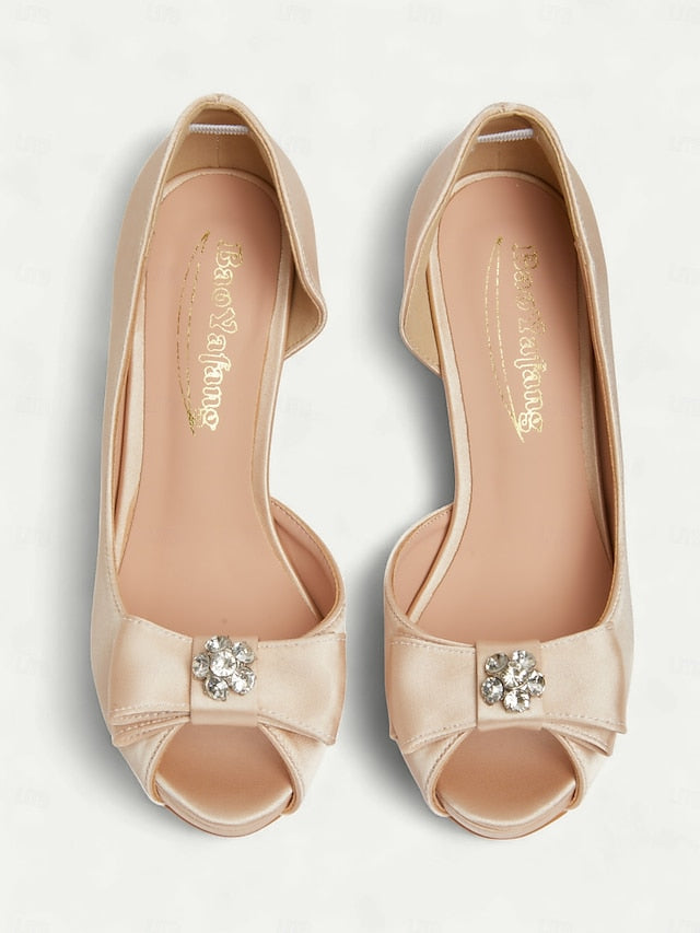 and Toe with Peep Satin Bow Champagne Heels Women's