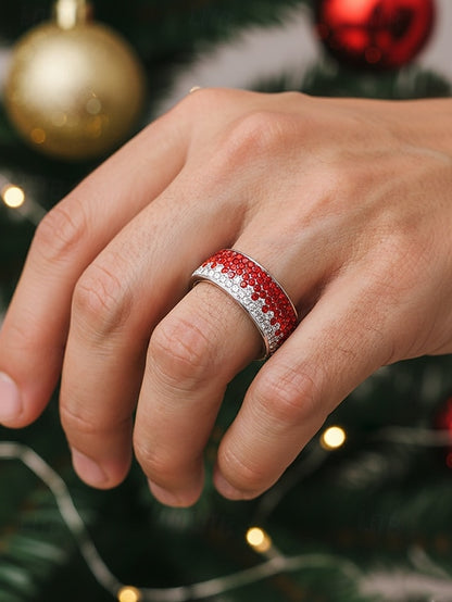 Steel Stainless Christmas Ring Stylish Men's – Red