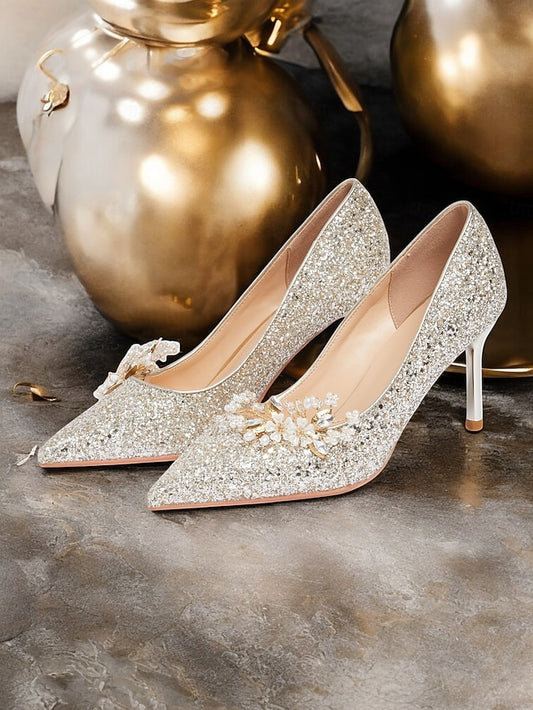 with Women's Glitter Floral Heels Silver Stiletto