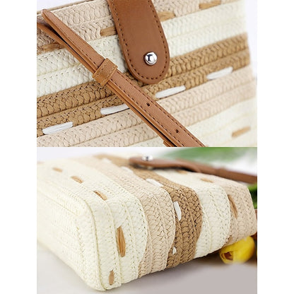 Sac fourre-tout en paille tissée marron à rayures et colorblock pour femme