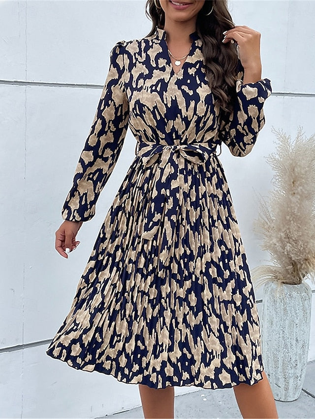 Women's Floral V Neck Midi Dress Long Sleeve Spring Fall