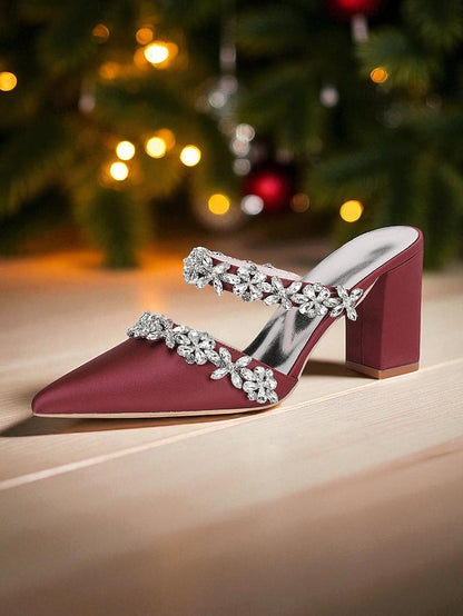 Block Satin Women's Heel Rhinestone Mules with Floral Black