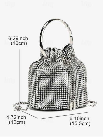 Women's Sparkling Silver with Metal Bucket Bag Rhinestone