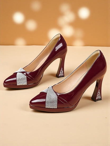 Burgundy Heels Women's with Leather Pointed Toe Patent
