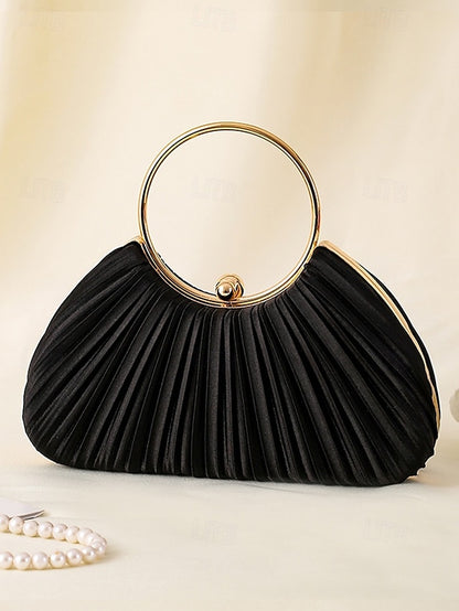 with - Elegant Handle Clutch Ring Green Gold Pleated Velvet