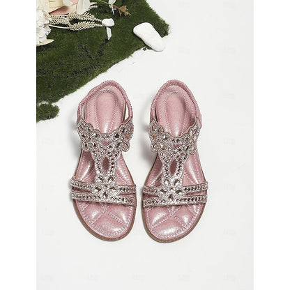 Flat Sandals Silver Women's – T-Strap Rhinestone Boho