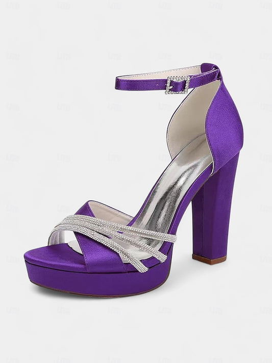 Satin Heel Purple with Straps Sandals Rhinestone High - Platform