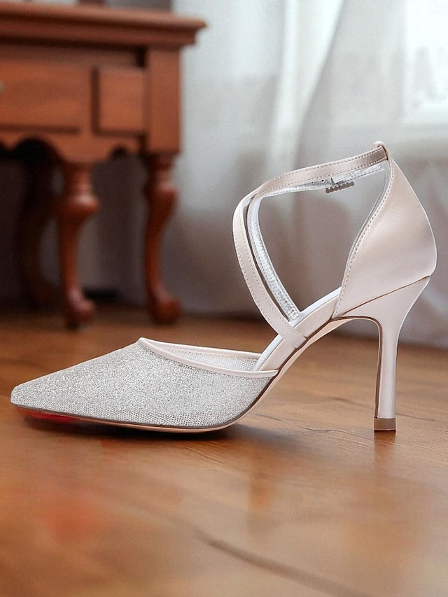 Women's - Ankle Strap Glitter Elegant Silver Stiletto Heels