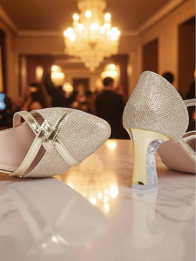Ankle Elegant Strap Heel Pumps Gold Block Glitter Women's -