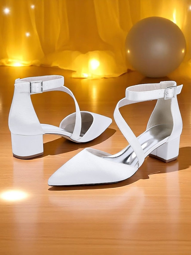 Satin Block Pointed Toe Heels Women's Champagne -
