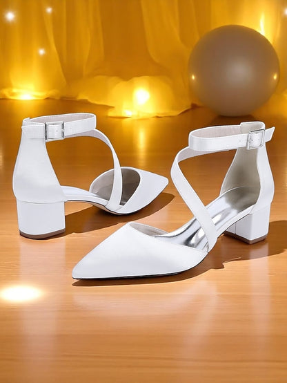 Satin Block Pointed Toe Heels Women's Champagne -
