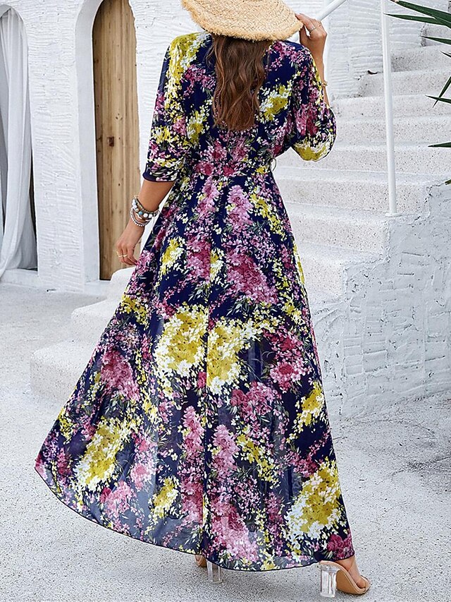 Women's Casual Dress Floral Print V Neck Long Dress Maxi