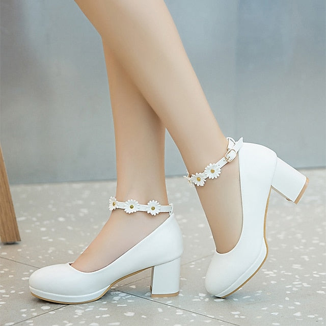 Ankle Daisy Block Heel Flower with Girls' White Shoes
