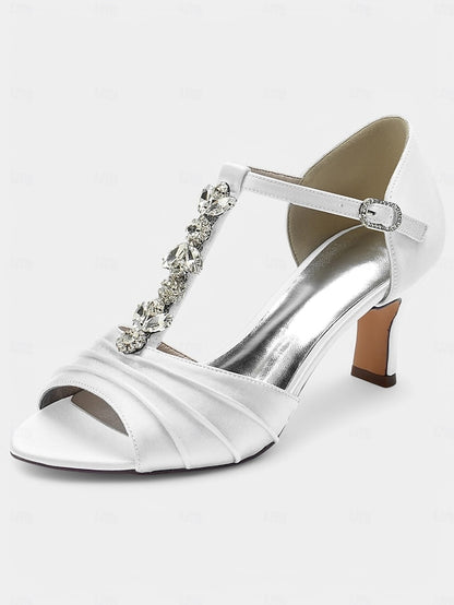 Open-Toe Bridal Satin White Detail Crystal Heels – with