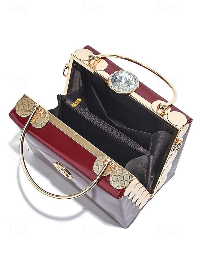 Handbag with Patent Evening Burgundy Gold Women's Leather
