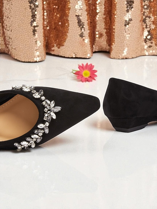 Black Suede Pointed Rhinestone Women's Flats Toe with