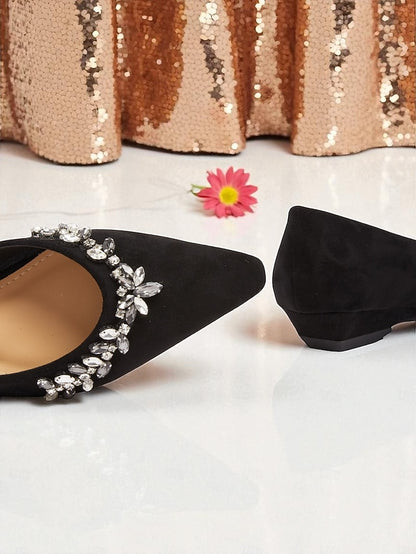 Black Suede Pointed Rhinestone Women's Flats Toe with