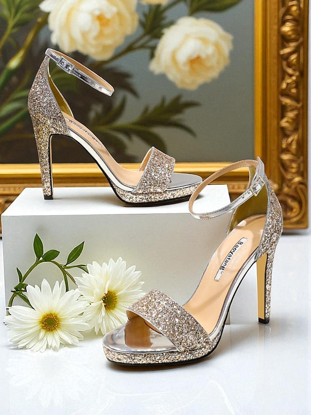 Women's Strap Sandals Ankle Silver High Heel with Glitter