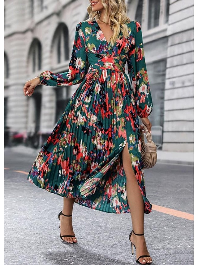 Women's Graphic Print V Neck Long Dress Maxi Dress Long