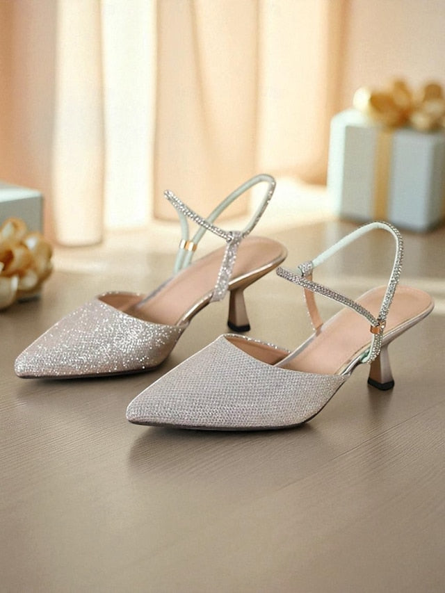 Women's Glitter Silver Slingback Heels Pointed with Toe