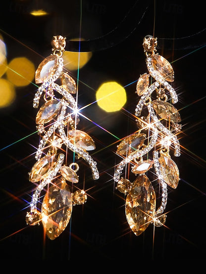 Leaf Design Earrings Women's Gold Elegant Crystal -