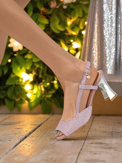 Slingback Gold Open-Toe Sparkly Women's Heels - Glitter