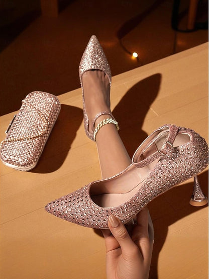 Clutch Bag Matching Women's Green and Heels Rhinestone Set