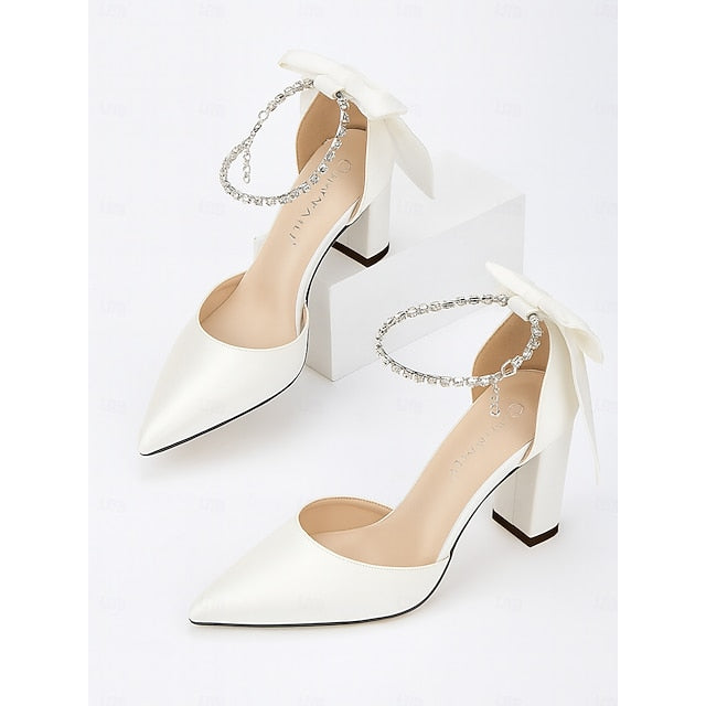 Heel Ankle Pumps Elegant Women's Pointed Satin - Block Toe