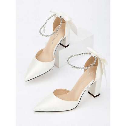 Heel Ankle Pumps Elegant Women's Pointed Satin - Block Toe