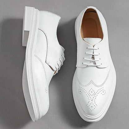 Oxford Leather White Men's Shoes with Perforated Faux