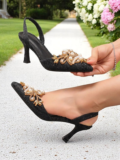 Slingback Satin Black with Women's - Pearl Heels Detailing